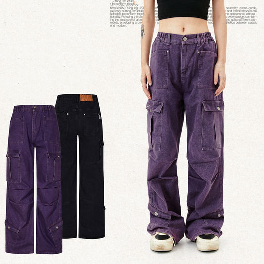 Pocket Pleated Washed Distressed Straight Jeans