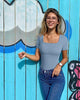 Sunken Stripe Square Collar Short Sleeve Tight Jumpsuit