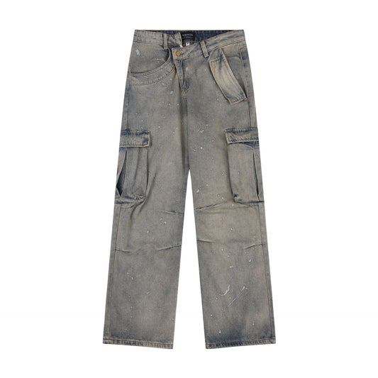 American Street Fashion Retro Easy Matching Washed Cargo Pocket Denim Trousers