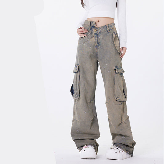 American Street Fashion Retro Easy Matching Washed Cargo Pocket Denim Trousers